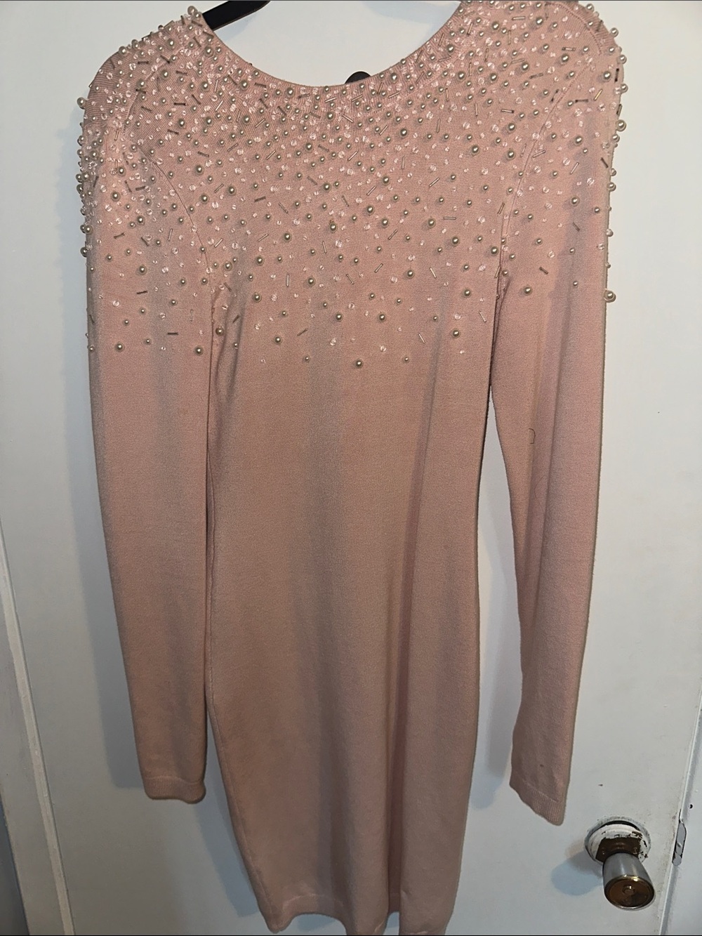 Marciano Blush Pink Long Sleeve Pearl-Embellished Dress M